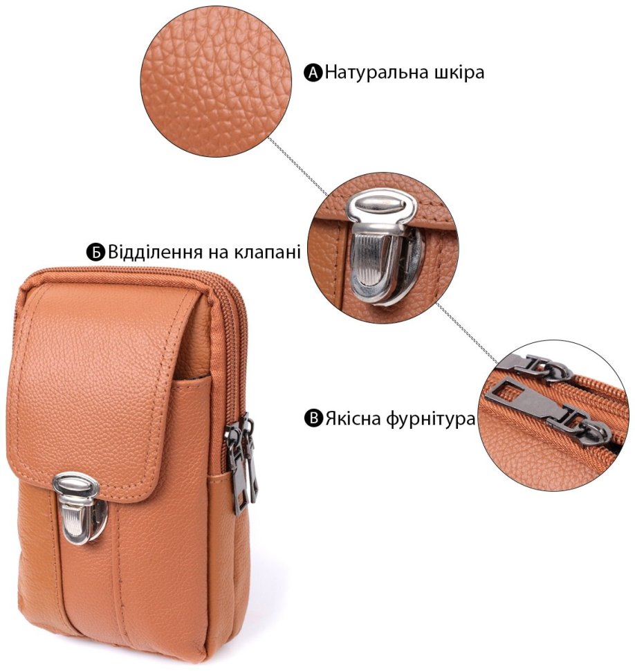 Чоловіча поясна сумка зі шкіри на два відділення Vintage 22737 Руда modnotak фото №4