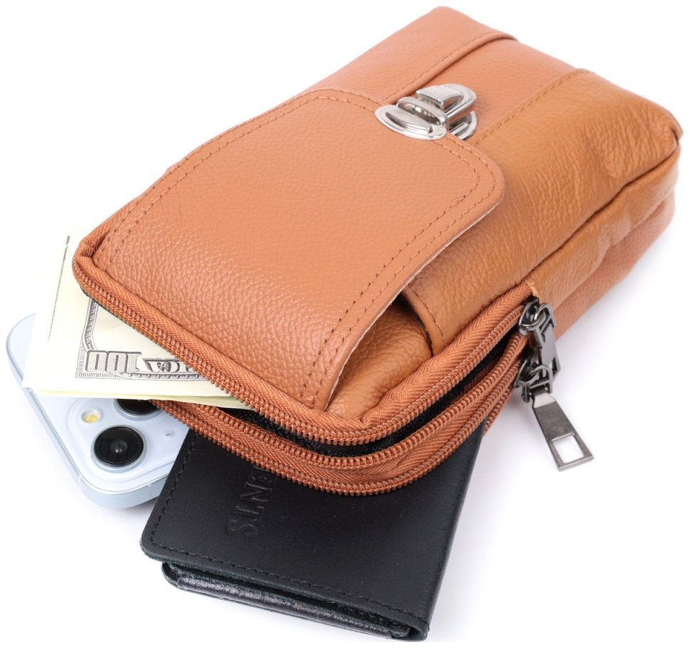 Чоловіча поясна сумка зі шкіри на два відділення Vintage 22737 Руда modnotak фото №9