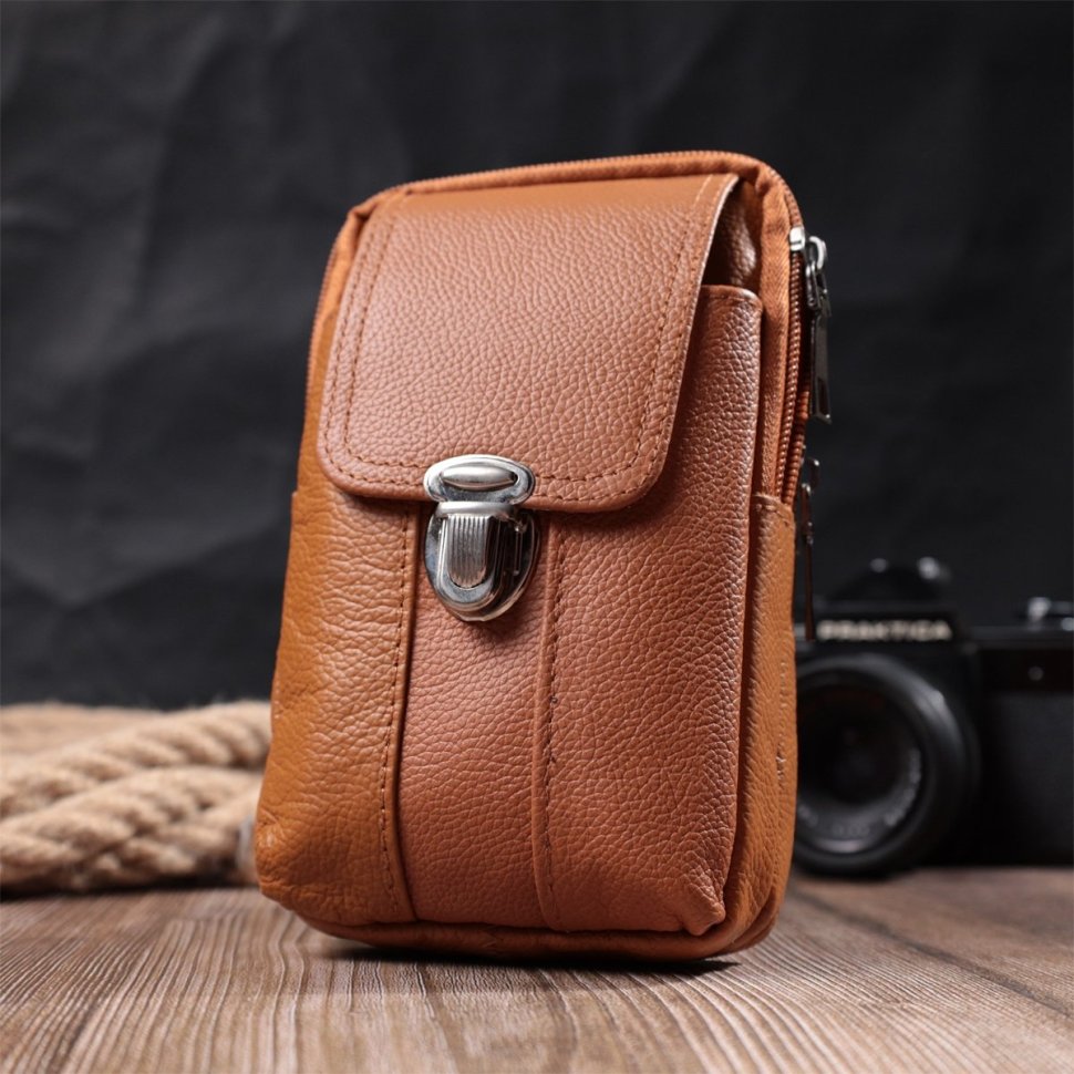 Чоловіча поясна сумка зі шкіри на два відділення Vintage 22737 Руда modnotak фото №10