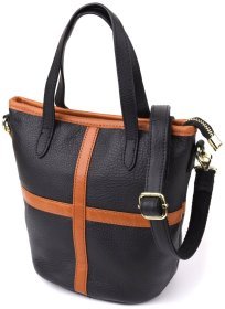 Женская кожаная сумка из фактурной кожи с коричневой вставкой Vintage 103143 черного цвета