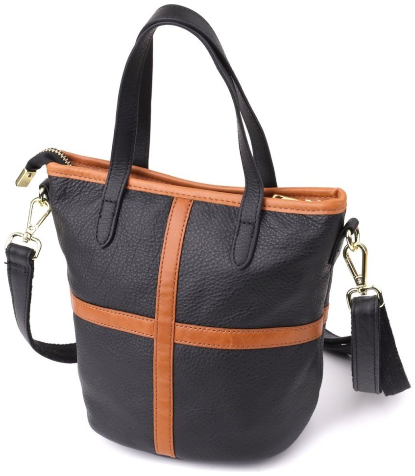 Женская кожаная сумка из фактурной кожи с коричневой вставкой Vintage 103143 черного цвета modnotak фото №2