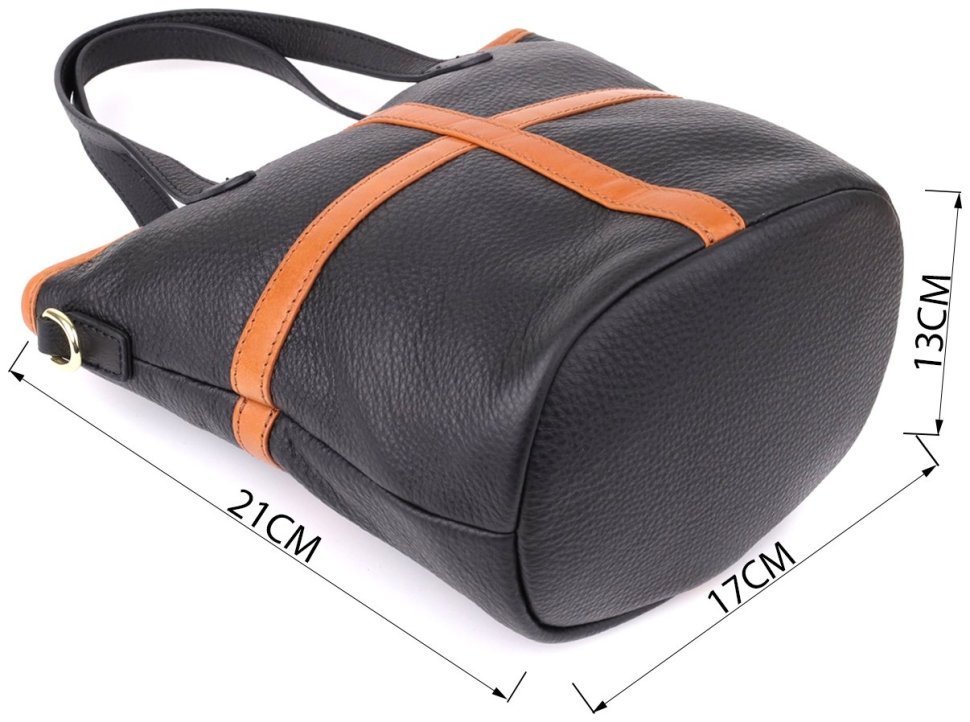 Женская кожаная сумка из фактурной кожи с коричневой вставкой Vintage 103143 черного цвета modnotak фото №3