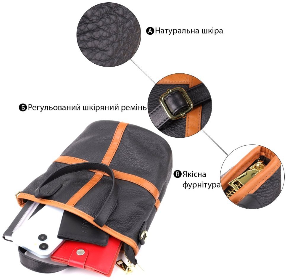 Женская кожаная сумка из фактурной кожи с коричневой вставкой Vintage 103143 черного цвета modnotak фото №4