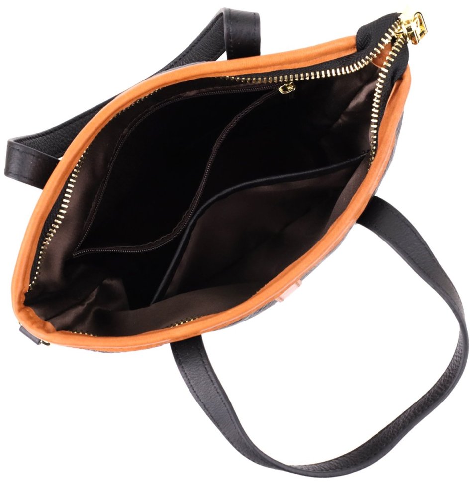 Женская кожаная сумка из фактурной кожи с коричневой вставкой Vintage 103143 черного цвета modnotak фото №7