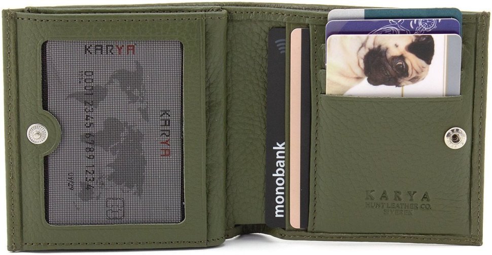 Фірмовий жіночий гаманець із натуральної шкіри кольору хакі KARYA (19844)