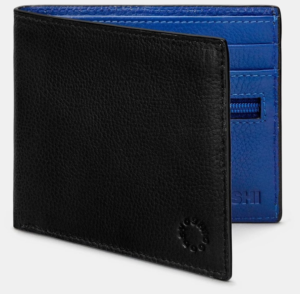 Тонкое кожаное мужское портмоне Yoshi (черный снаружи и синий внутри) 94443 фото №1 Тонкое кожаное мужское портмоне Yoshi (черный снаружи и синий внутри) 94443 modnotak фото №1