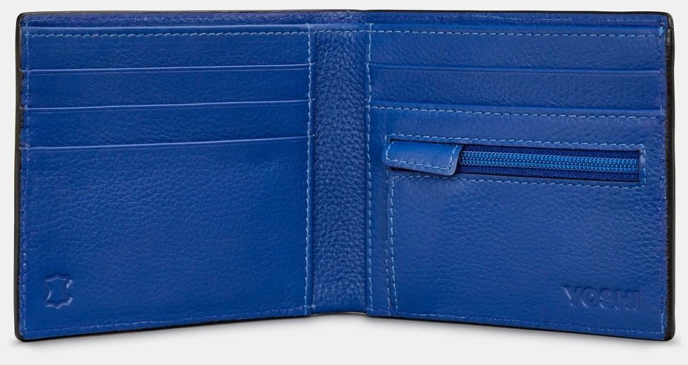 Тонкое кожаное мужское портмоне Yoshi (черный снаружи и синий внутри) 94443 фото №2 Тонкое кожаное мужское портмоне Yoshi (черный снаружи и синий внутри) 94443 modnotak фото №2