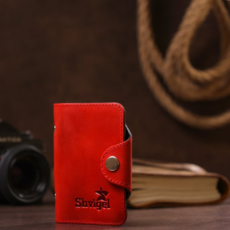 Красная маленькая визитница из матовой кожи на кнопке Shvigel (2413910)