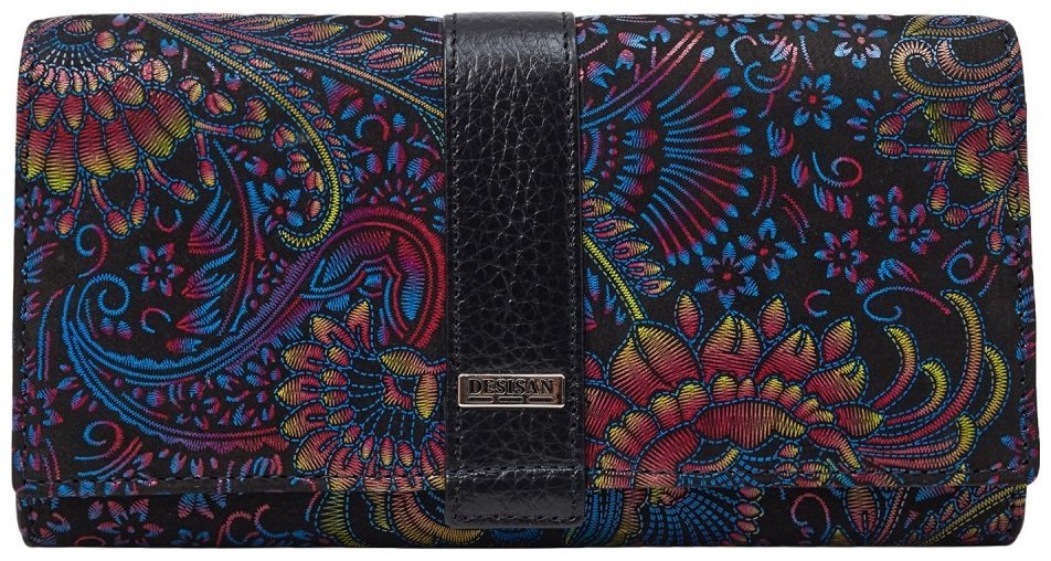 Большой женский кошелек из кожи на кнопке Desisan 107343 синего цвета с узорами modnotak фото №1