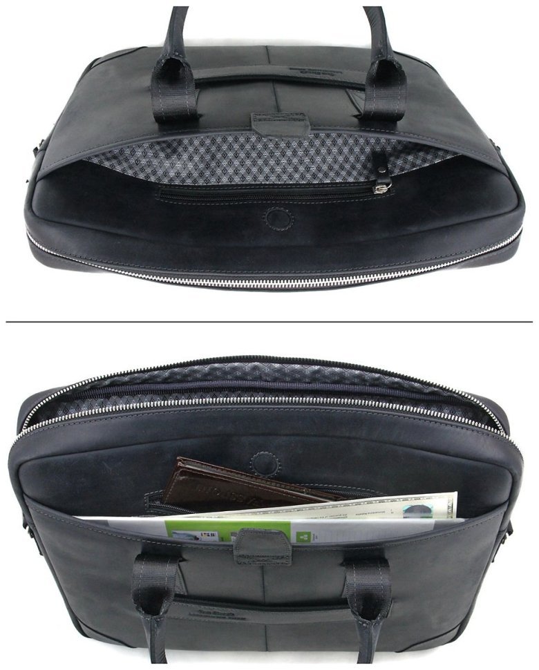 Якісна шкіряна сумка чорного кольору для ноутбука до 15 дюймів Tom Stone 77743