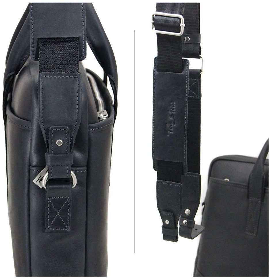 Качественная кожаная сумка черного цвета для ноутбука до 15 дюймов Tom Stone 77743