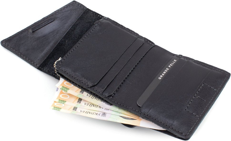 Маленький гаманець із натуральної італійської шкіри чорного кольору на магніті Grande Pelle 67843