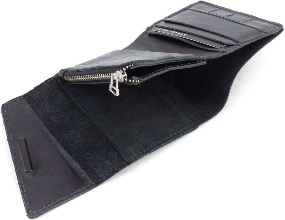 Маленький гаманець із натуральної італійської шкіри чорного кольору на магніті Grande Pelle 67843