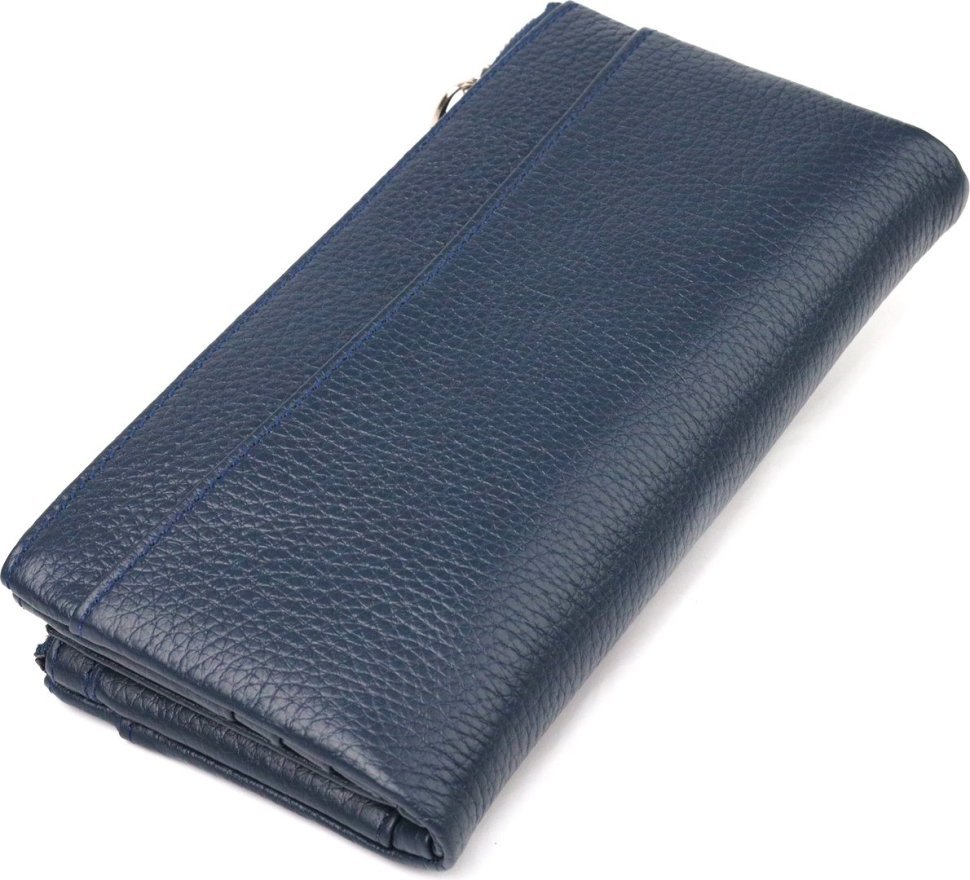 Зручний жіночий гаманець із натуральної зернистої шкіри синього кольору з хлястиком на кнопці CANPELLINI (2421635)