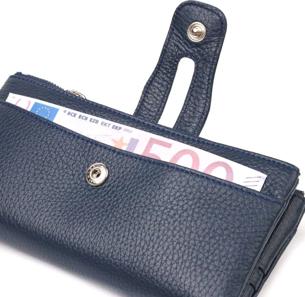 Зручний жіночий гаманець із натуральної зернистої шкіри синього кольору з хлястиком на кнопці CANPELLINI (2421635)