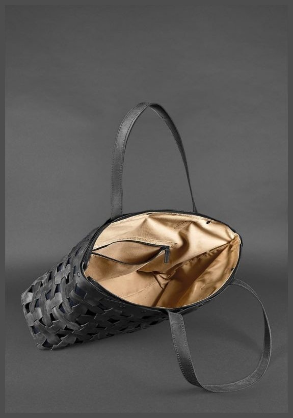 Велика плетена жіноча сумка з натуральної шкіри чорного кольору BlankNote Пазл Xl 78743
