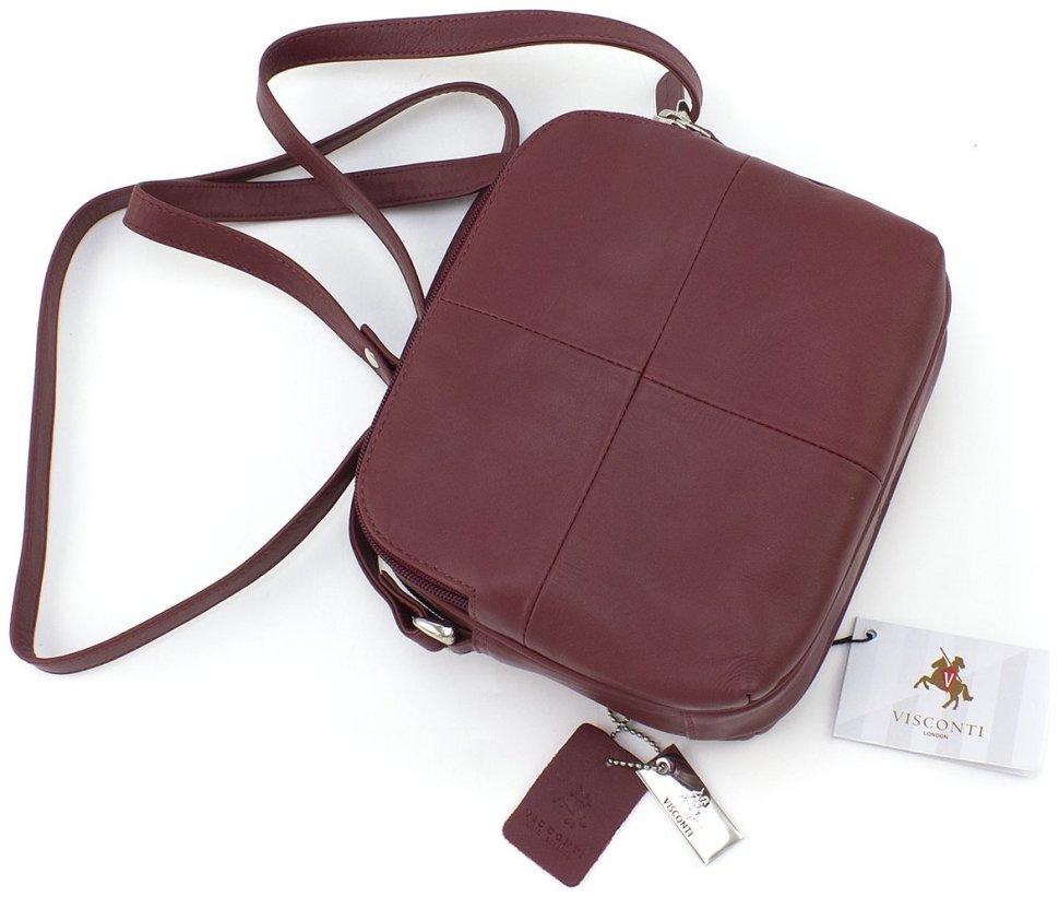 Бордова сумка жіноча компактного розміру з натуральної шкіри на три блискавки Visconti Holly 69043