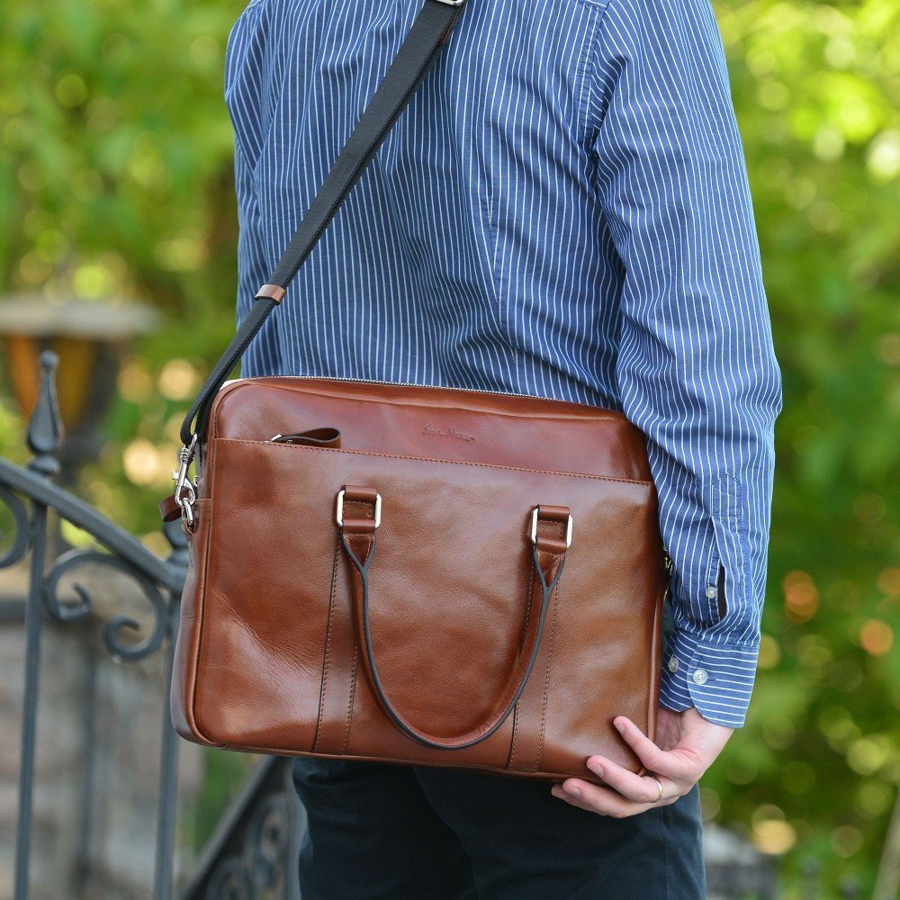 Чоловіча шкіряна сумка світло-коричневого кольору з ручками Issa Hara (27074)
