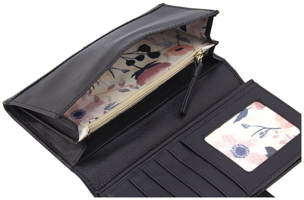Черный женский кошелек из фактурной кожи с блоком под много карт Ashwood 69643