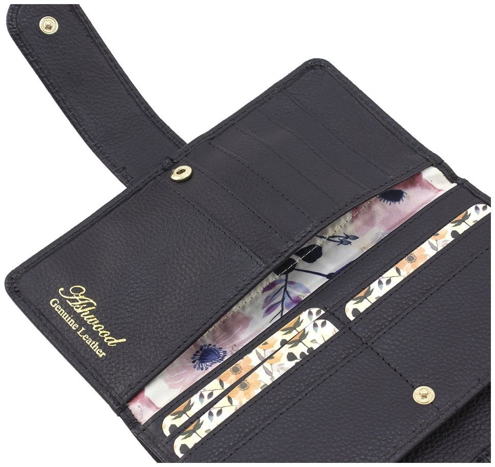 Черный женский кошелек из фактурной кожи с блоком под много карт Ashwood 69643