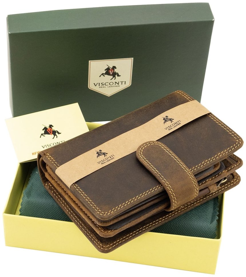 Женский вертикальный кошелек из натуральной кожи с винтажным эффектом в коричневом цвете Visconti Carbine 70744 modnotak фото №8