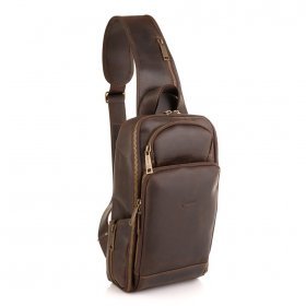 Кожаный слинг-рюкзак на одно плечо из коричневой кожи TARWA (19859)