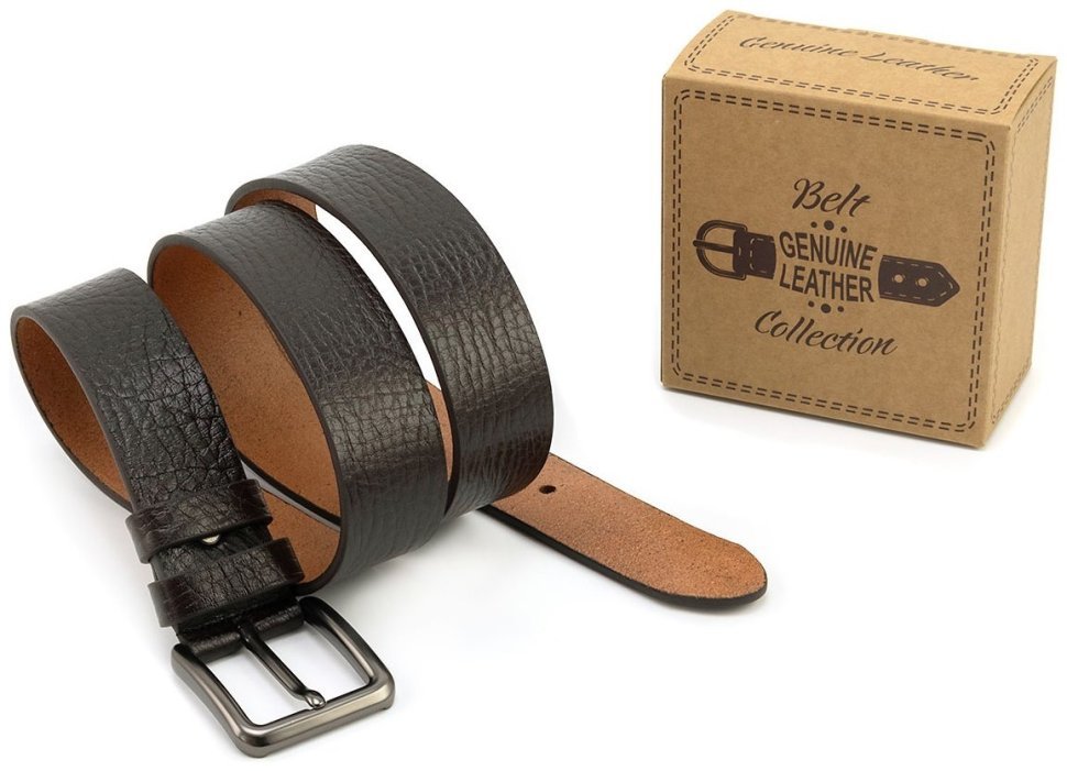 Темно-коричневого цвета мужской ремень из итальянской фактурной кожи с классической пряжкой Gherardini 40840 фото №4 Темно-коричневого цвета мужской ремень из итальянской фактурной кожи с классической пряжкой Gherardini 40840 modnotak фото №4