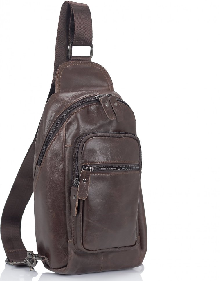 Сумка-рюкзак через плече для чоловіків коричневого кольору з натуральної шкіри Tiding Bag (15927)