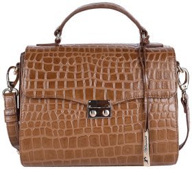 Элегатная кожаная сумка с фатурой под рептилию Ashwood 94144 рыжего цвета