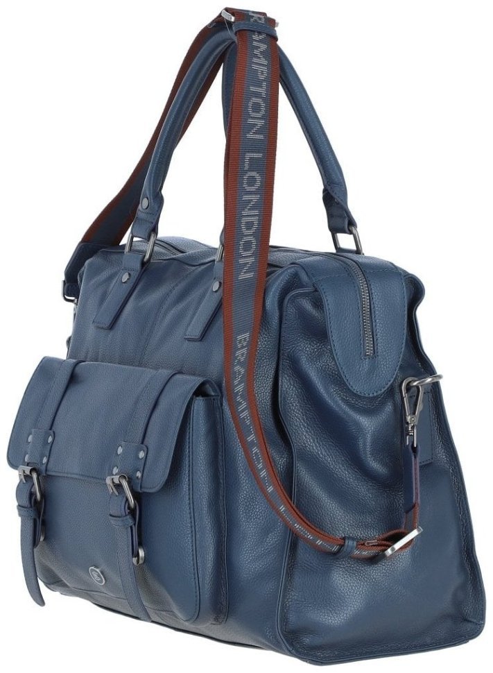 Вместительная мужская дорожная сумка из натуральной фактурной кожи синего цвета Brampton London Weekender 94544 modnotak фото №2