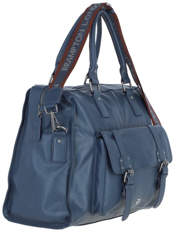 Вместительная мужская дорожная сумка из натуральной фактурной кожи синего цвета Brampton London Weekender 94544 modnotak фото №4