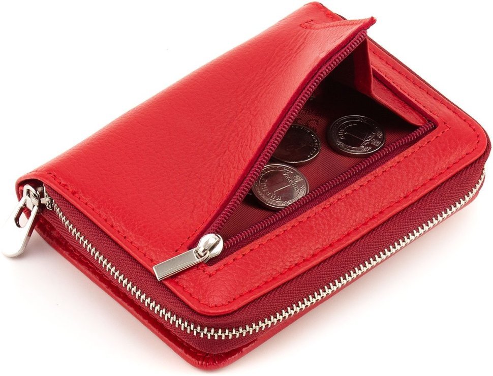 Шкіряний жіночий гаманець червоного кольору з місткою монетницею ST Leather 1767344