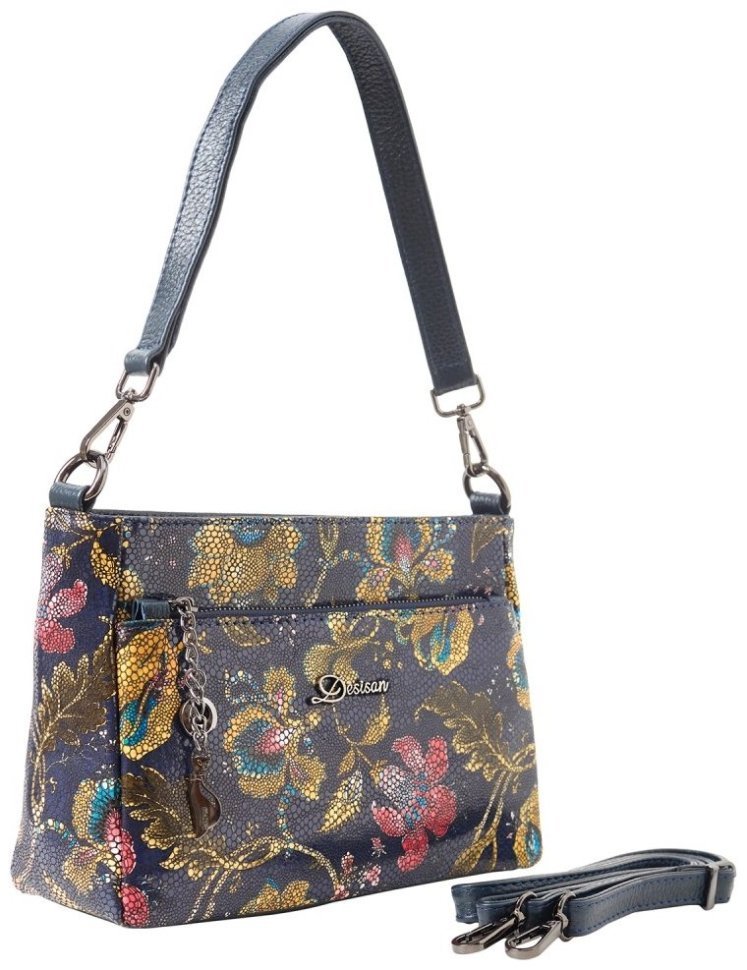 Повседневная каркасная женская сумка из натуральной кожи с цветочным принтом через плечо Desisan 107644 синяя modnotak фото №2