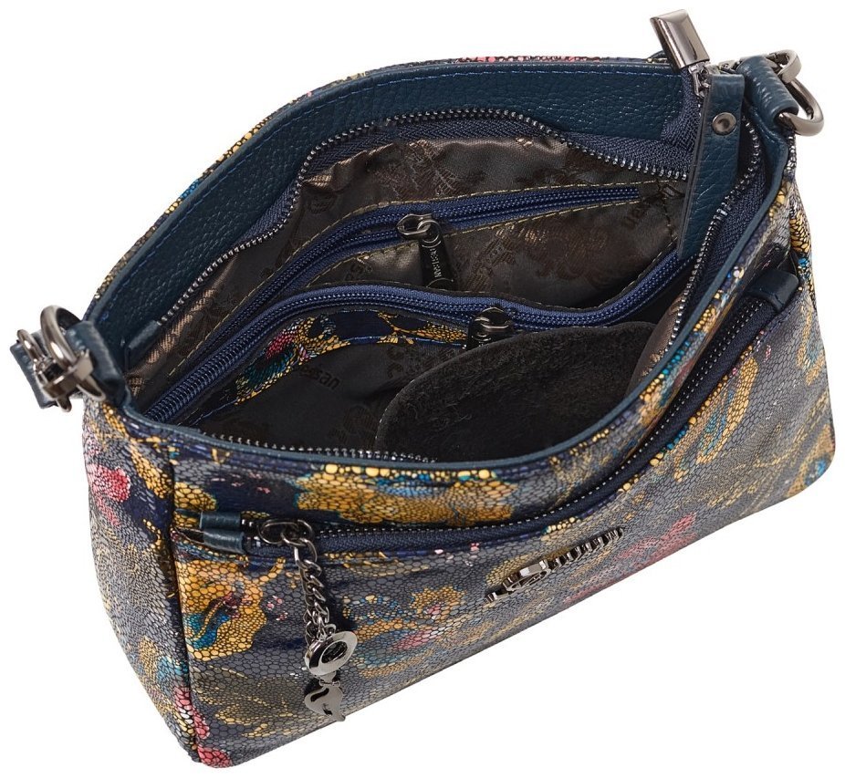 Повседневная каркасная женская сумка из натуральной кожи с цветочным принтом через плечо Desisan 107644 синяя modnotak фото №6