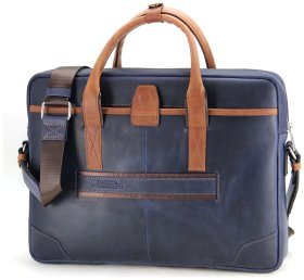 Синя чоловіча сумка з натуральної шкіри під ноутбук та документи Tom Stone 77744