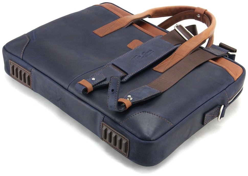 Синяя мужская сумка из натуральной кожи под ноутбук и документы Tom Stone 77744