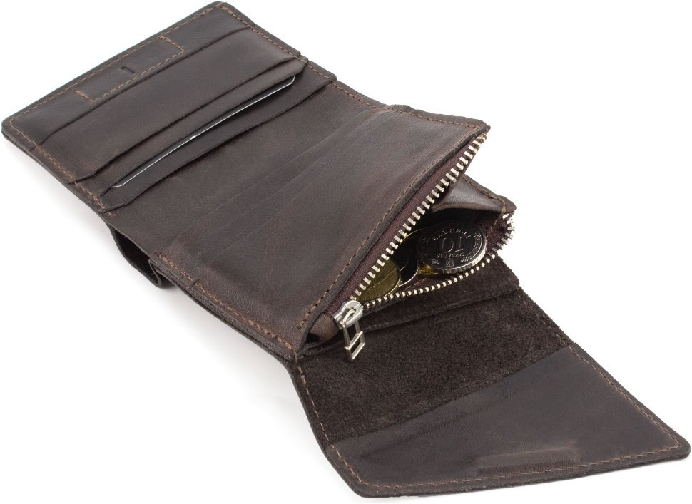 Невеликий коричневий гаманець із натуральної італійської шкіри на магніті Grande Pelle 67844