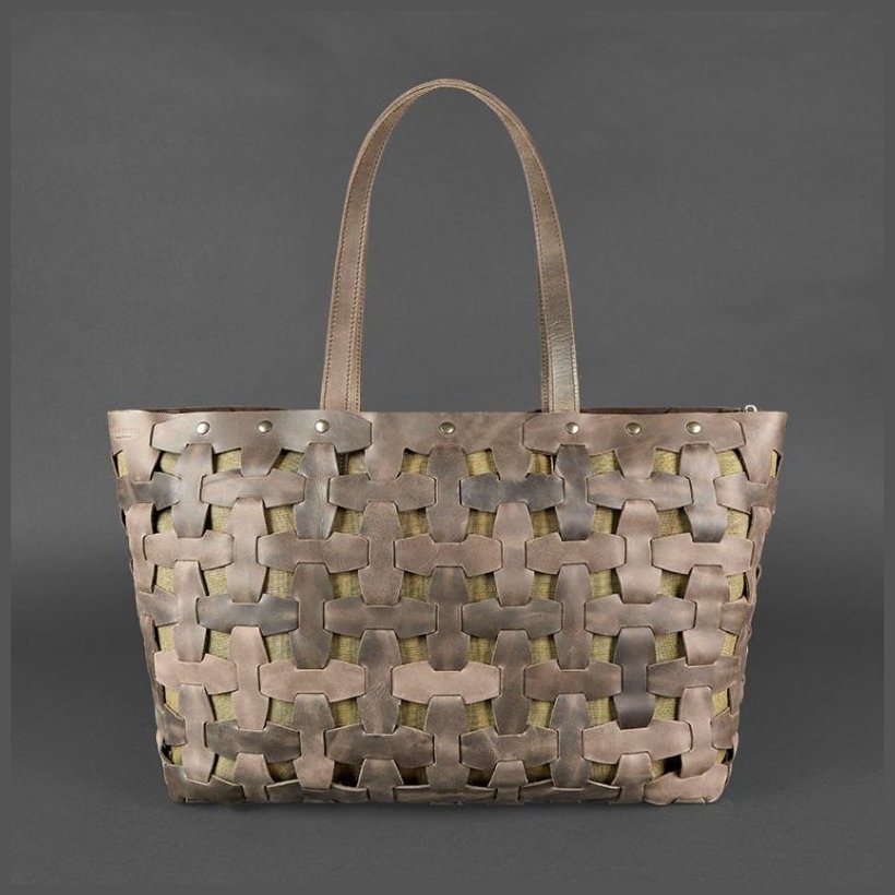 Вместительная плетеная женская сумка из винтажной кожи темно-коричневого цвета BlankNote Пазл Xl 78744