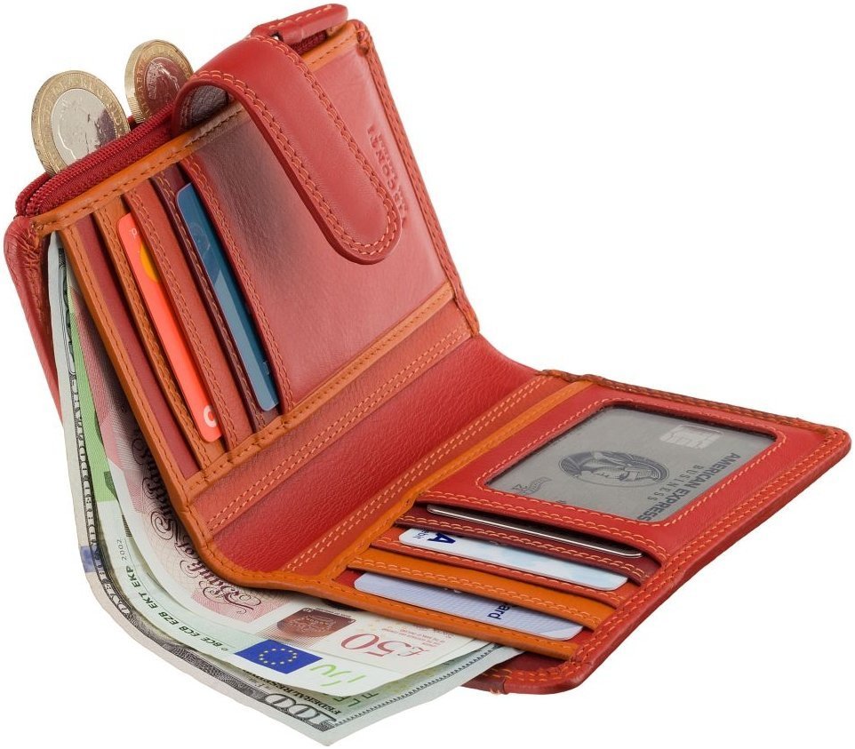 Червоний шкіряний жіночий гаманець середнього розміру з хлястиком на кнопці Visconti 69244