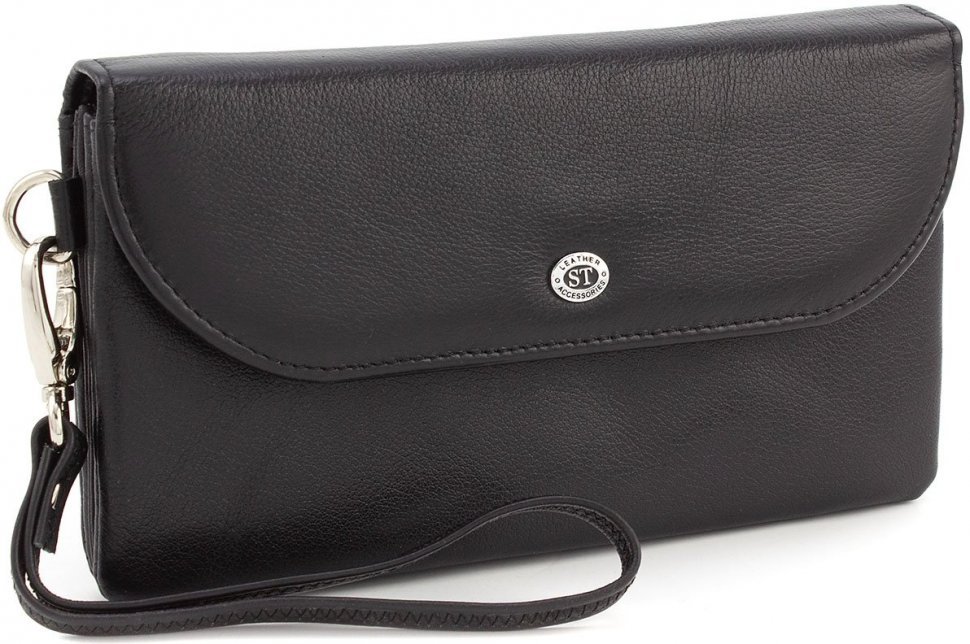 Класичний чорний гаманець-клатч з натуральної шкіри з клапаном ST Leather (14034)
