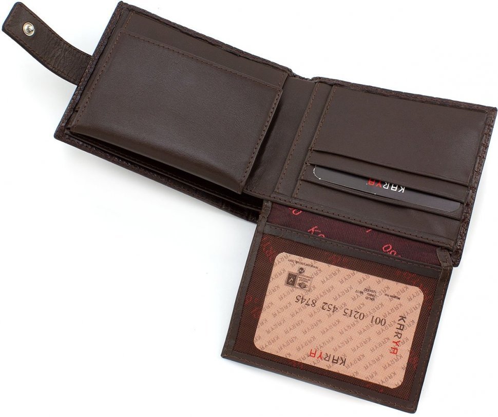 Классический мужской кошелек из кожи коричневого цвета с блоком под документы KARYA (15534)