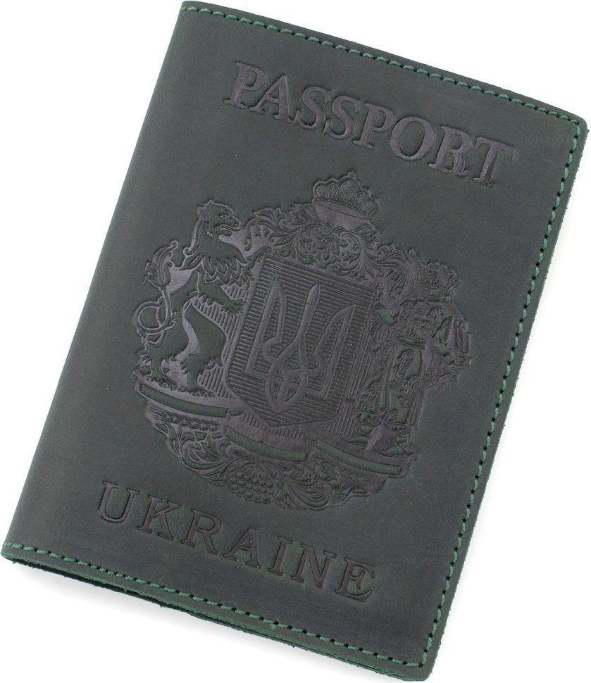 Шкіряна обкладинка для паспорта у зеленому кольорі з малюнком герба України - BlankNote (50245)
