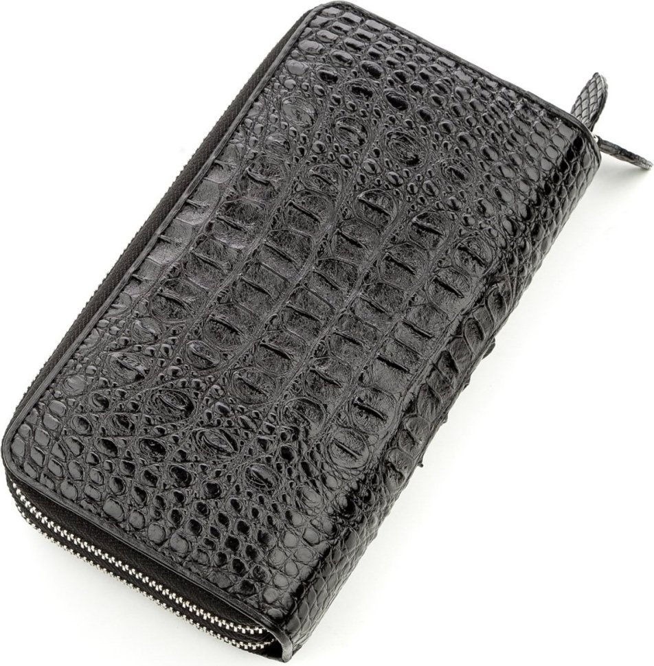 Стильний гаманець чорного кольору з натуральної шкіри крокодила CROCODILE LEATHER (024-18571)