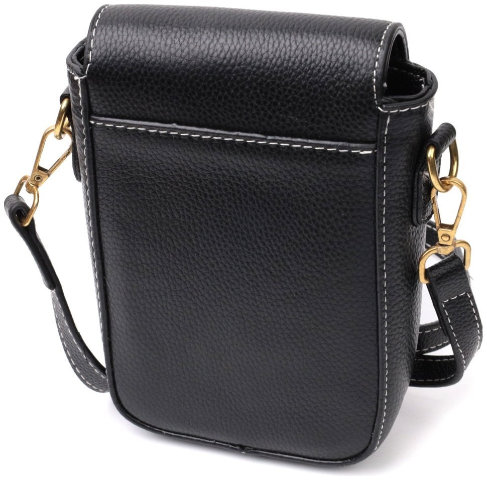 Вертикальная женская сумка из натуральной кожи черного цвета с белой строчкой Vintage 2422308
