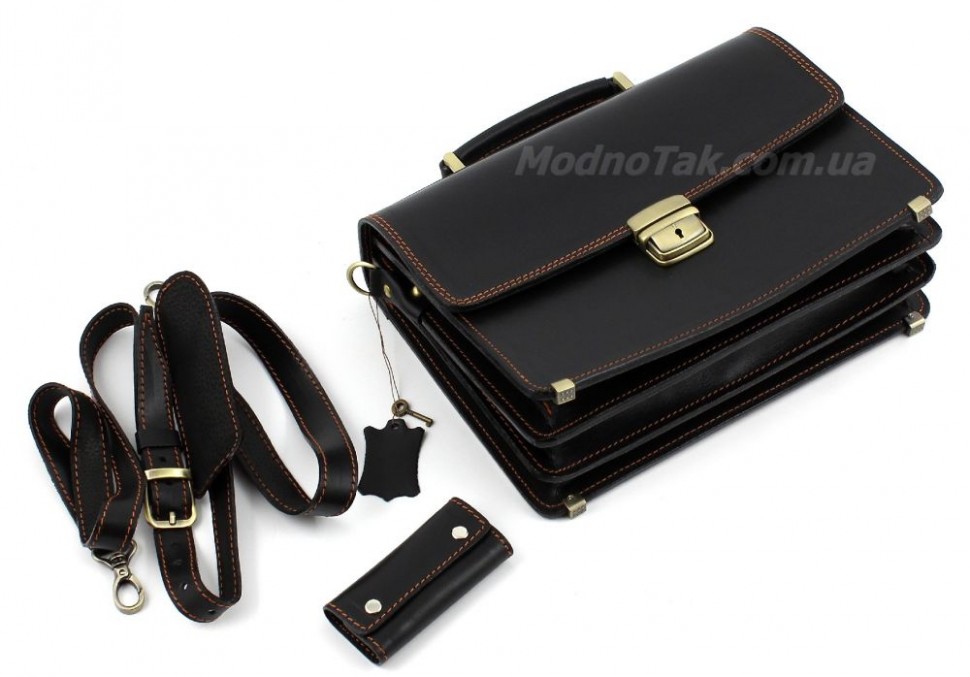 Мужской малый портфель черного цвета с коричневой строчкой Старинная Италия (10418)