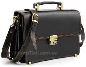 Мужской малый портфель черного цвета с коричневой строчкой Старинная Италия (10418)