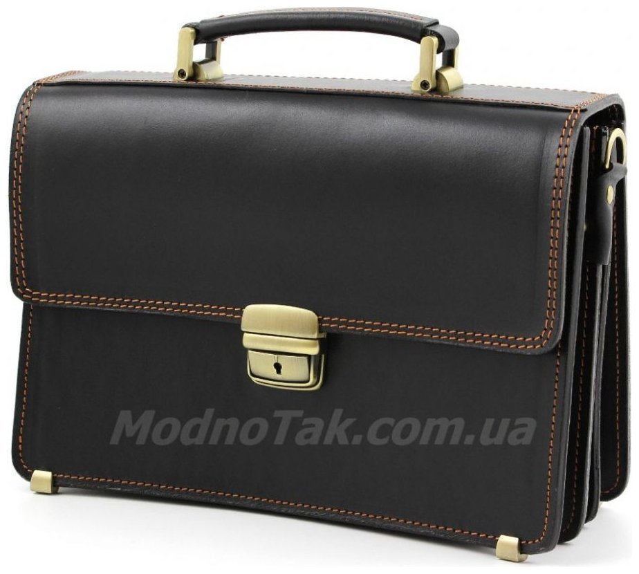 Чоловічий малий портфель чорного кольору з коричневою ниткою Старовинна Італія (10418) modnotak фото №2