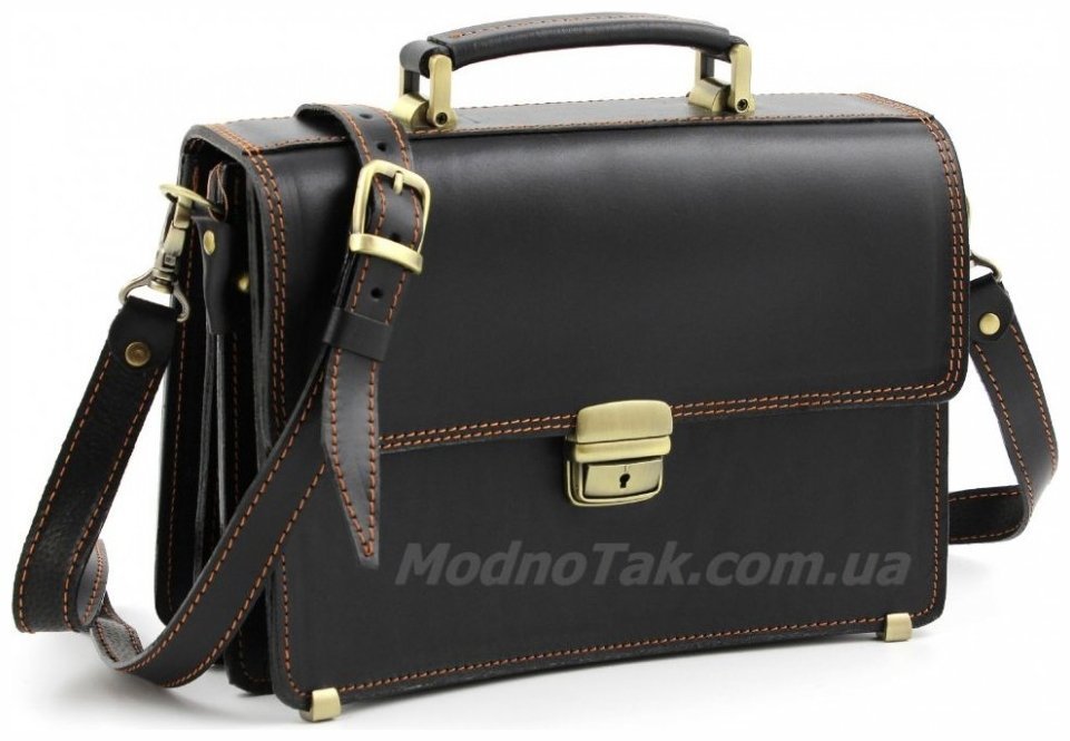 Чоловічий малий портфель чорного кольору з коричневою ниткою Старовинна Італія (10418) modnotak фото №4