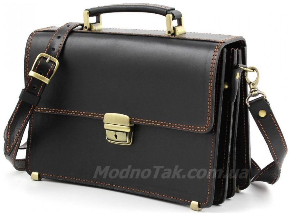 Чоловічий малий портфель чорного кольору з коричневою ниткою Старовинна Італія (10418) modnotak фото №5