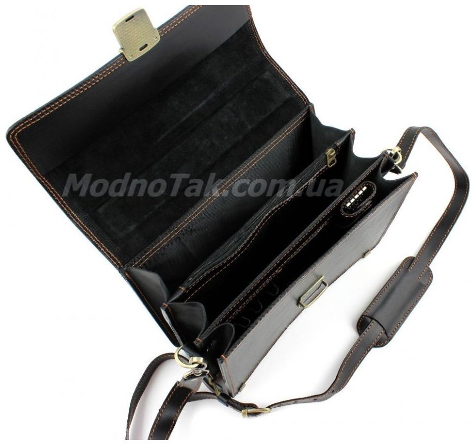 Чоловічий малий портфель чорного кольору з коричневою ниткою Старовинна Італія (10418) modnotak фото №10